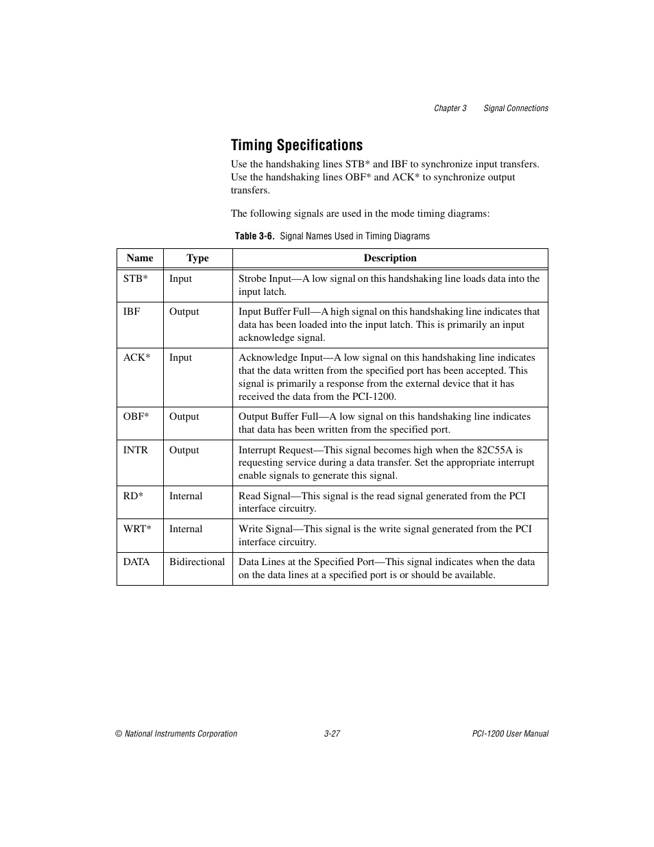 Timing specifications, Table 3-6. signal names used in timing diagrams, Timing specifications -27 | Table 3-6, Signal names used in timing diagrams -27 | National Instruments PCI-1200 User Manual | Page 49 / 100