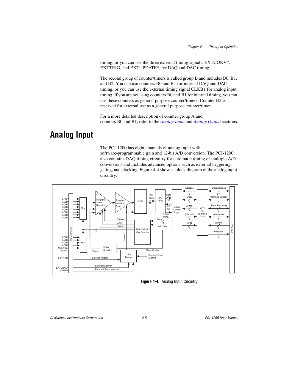 Analog input, Figure 44. analog input circuitry, Analog input -5 | Figure 4-4, Analog input circuitry -5, Figure 4-4. analog input circuitry | National Instruments PCI-1200 User Manual | Page 57 / 100