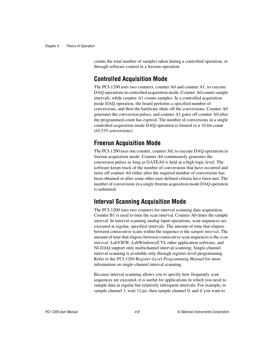 Controlled acquisition mode, Freerun acquisition mode, Interval scanning acquisition mode | Interval, Scanning acquisition mode | National Instruments PCI-1200 User Manual | Page 60 / 100