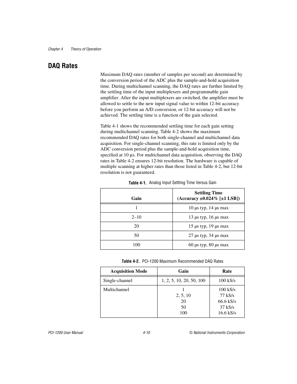 Daq rates, Table 41. analog input settling time versus gain, Table 42. pci1200 maximum recommended daq rates | Daq rates -10, Table 4-1, Analog input settling time versus gain -10, Table 4-2, Pci-1200 maximum recommended daq rates -10 | National Instruments PCI-1200 User Manual | Page 62 / 100