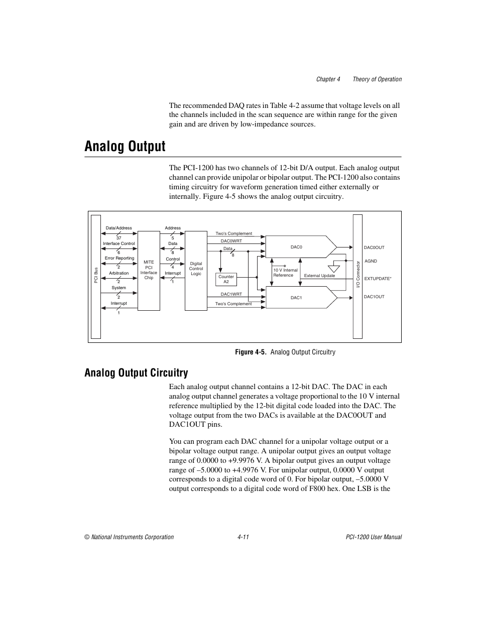 Analog output, Analog output circuitry, Figure 45. analog output circuitry | Analog output -11, Analog output circuitry -11, Figure 4-5, Figure 4-5. analog output circuitry | National Instruments PCI-1200 User Manual | Page 63 / 100
