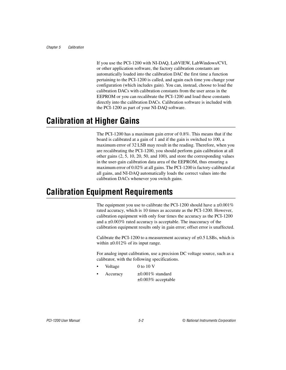 Calibration at higher gains, Calibration equipment requirements | National Instruments PCI-1200 User Manual | Page 67 / 100