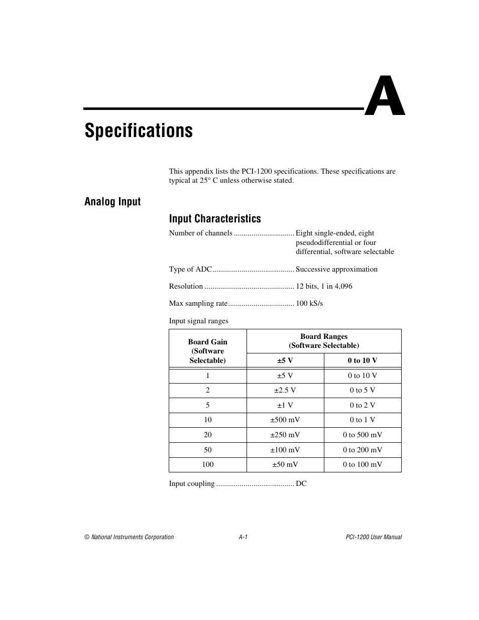 Appendix a specifications, Specifications, Ix a | National Instruments PCI-1200 User Manual | Page 69 / 100