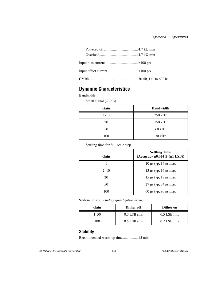 Dynamic characteristics, Stability | National Instruments PCI-1200 User Manual | Page 71 / 100