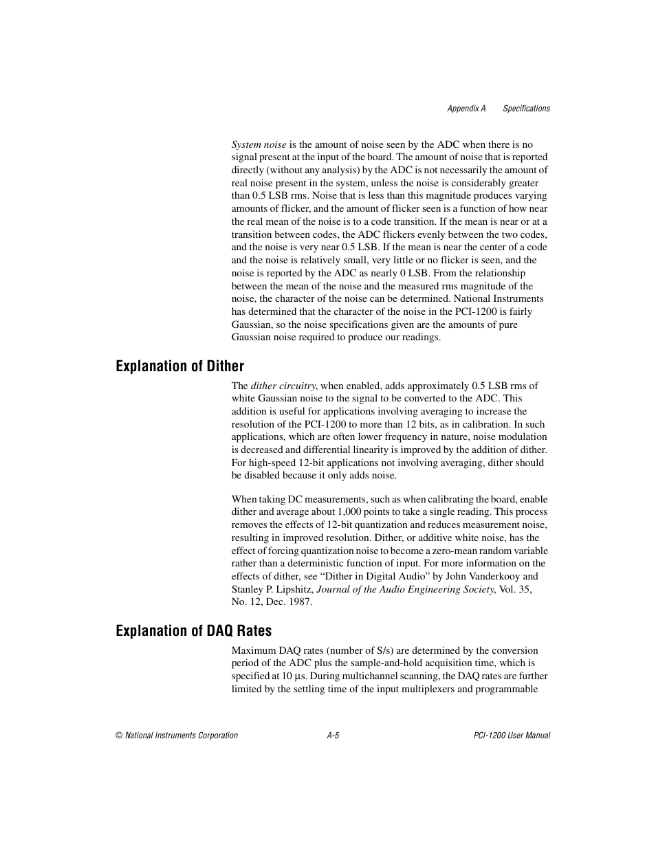 Explanation of dither, Explanation of daq rates | National Instruments PCI-1200 User Manual | Page 73 / 100