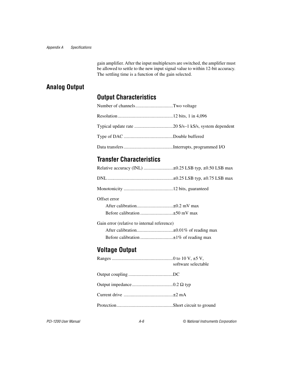 Analog output output characteristics, Transfer characteristics, Voltage output | National Instruments PCI-1200 User Manual | Page 74 / 100