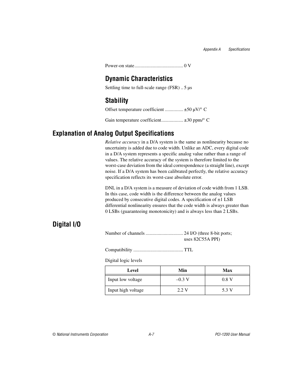 Dynamic characteristics, Stability, Explanation of analog output specifications | Digital i/o | National Instruments PCI-1200 User Manual | Page 75 / 100