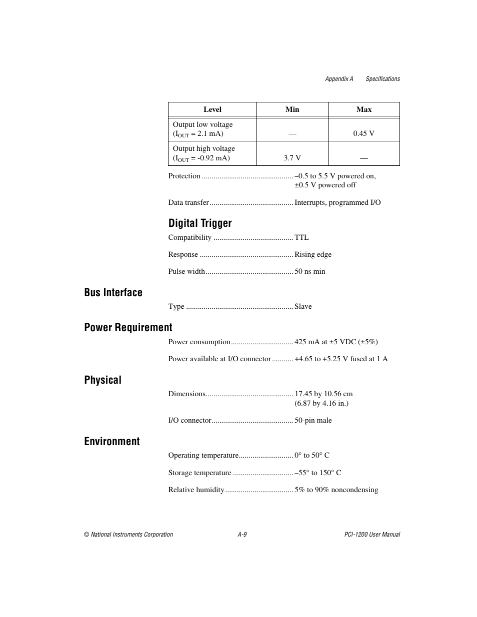 Digital trigger, Bus interface, Power requirement | Physical, Environment | National Instruments PCI-1200 User Manual | Page 77 / 100