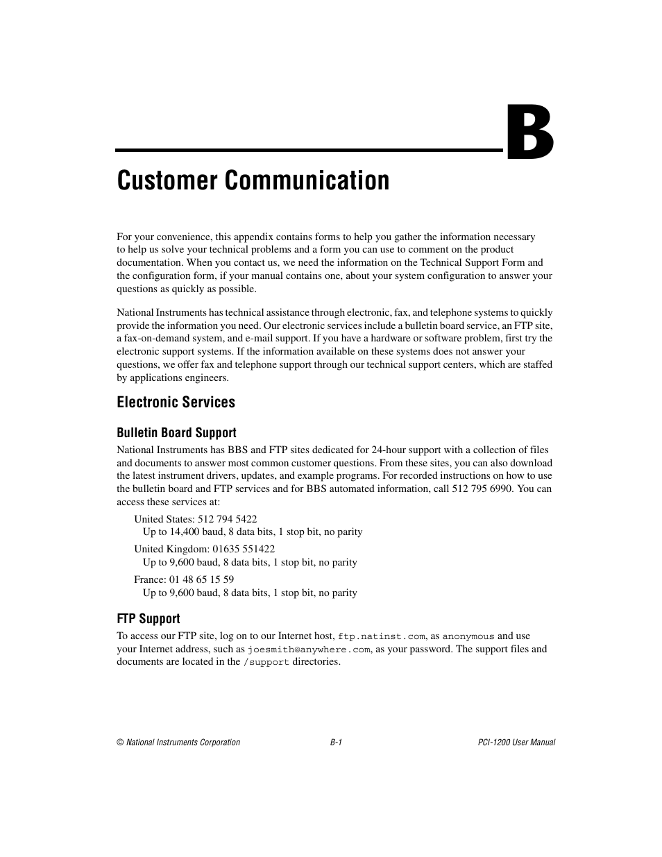Appendix b customer communication, Customer communication, Customer | Communication | National Instruments PCI-1200 User Manual | Page 78 / 100