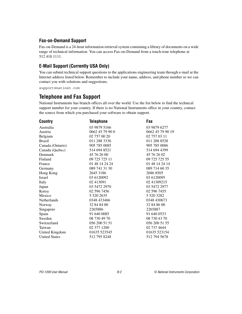 Telephone and fax support | National Instruments PCI-1200 User Manual | Page 79 / 100