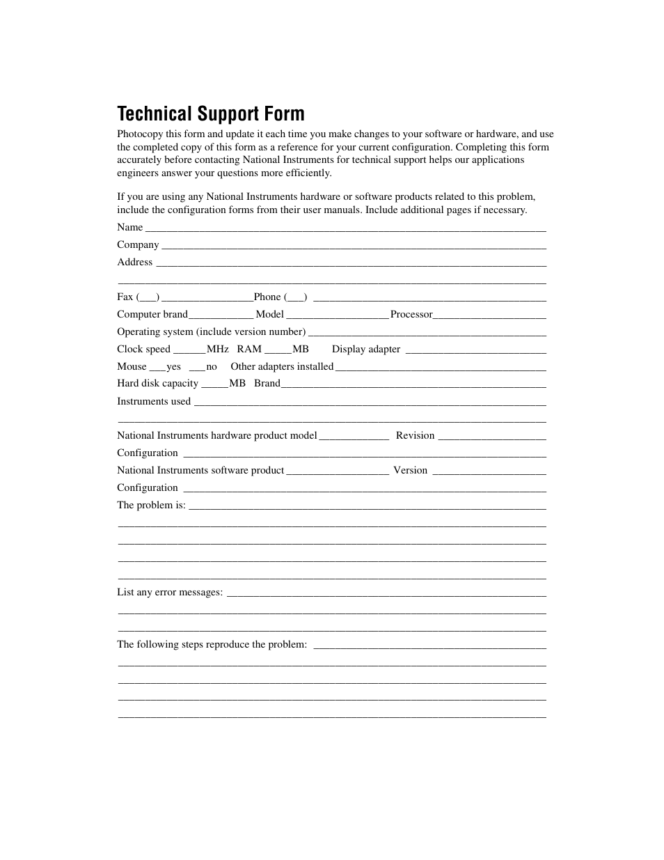 Technical support form | National Instruments PCI-1200 User Manual | Page 80 / 100
