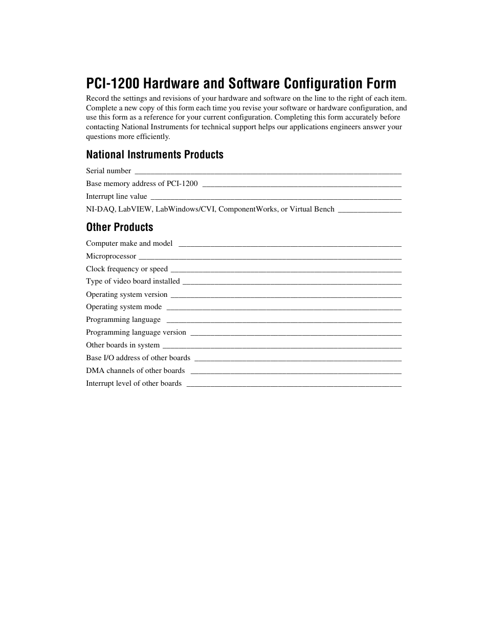 Pci-1200 hardware and software configuration form, National instruments products, Other products | National Instruments PCI-1200 User Manual | Page 82 / 100