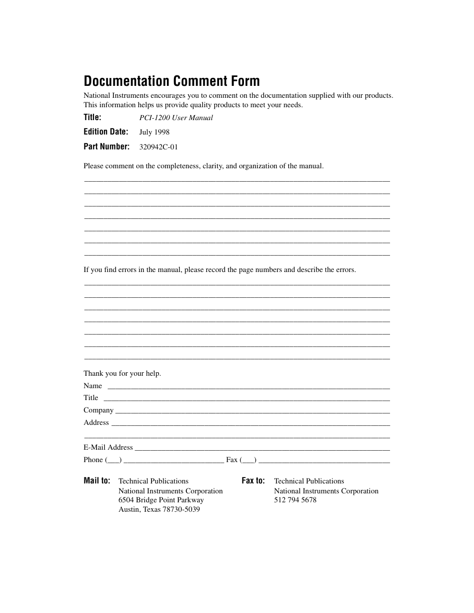 Documentation comment form | National Instruments PCI-1200 User Manual | Page 84 / 100