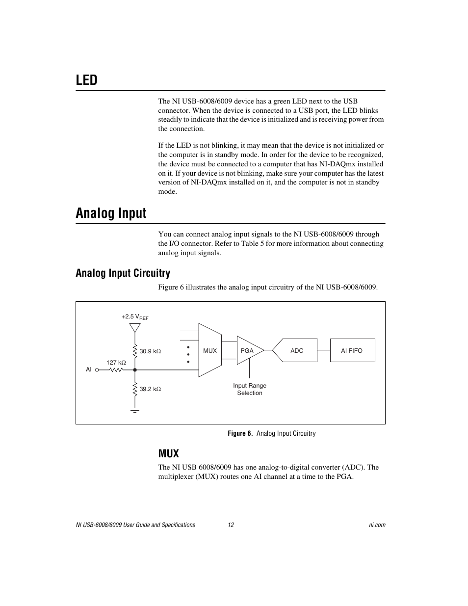 Analog input, Analog input circuitry, Figure 6. analog input circuitry | National Instruments 6008 User Manual | Page 12 / 27
