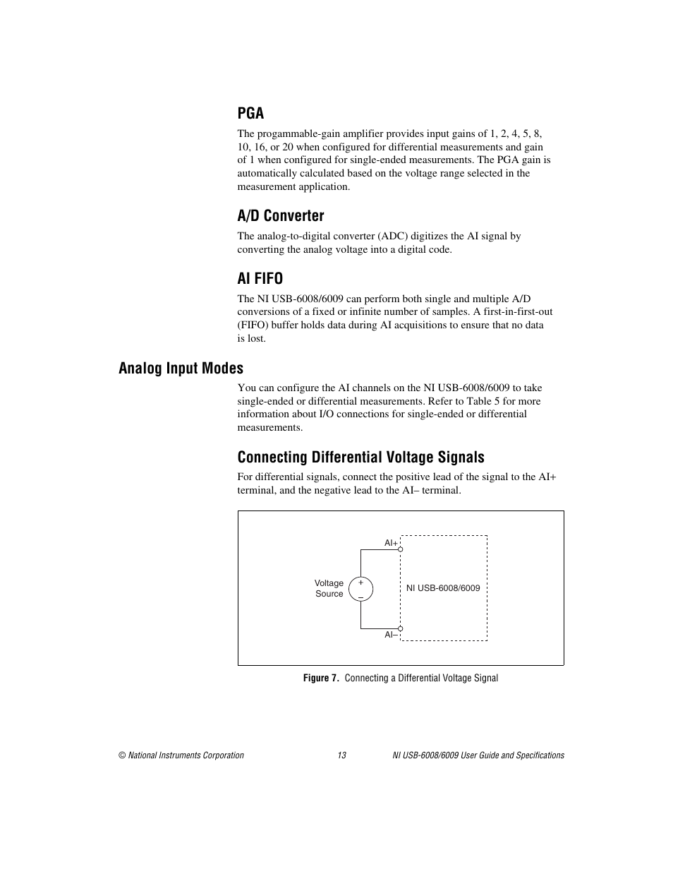 A/d converter, Ai fifo, Analog input modes | Connecting differential voltage signals, Figure 7. connecting a differential voltage signal | National Instruments 6008 User Manual | Page 13 / 27
