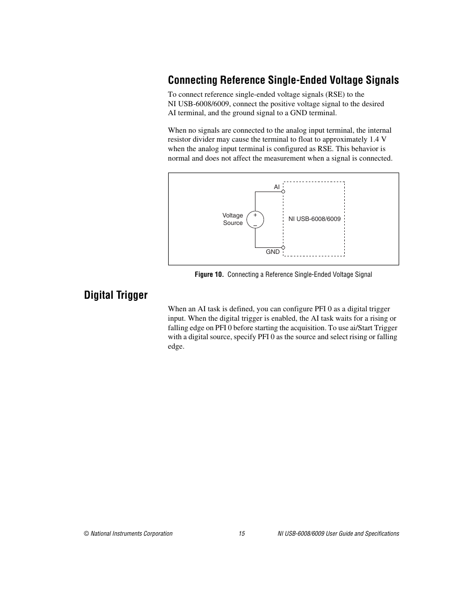 Connecting reference single-ended voltage signals, Digital trigger | National Instruments 6008 User Manual | Page 15 / 27