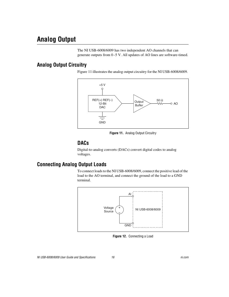 Analog output, Analog output circuitry, Figure 11. analog output circuitry | Dacs, Connecting analog output loads, Figure 12. connecting a load | National Instruments 6008 User Manual | Page 16 / 27