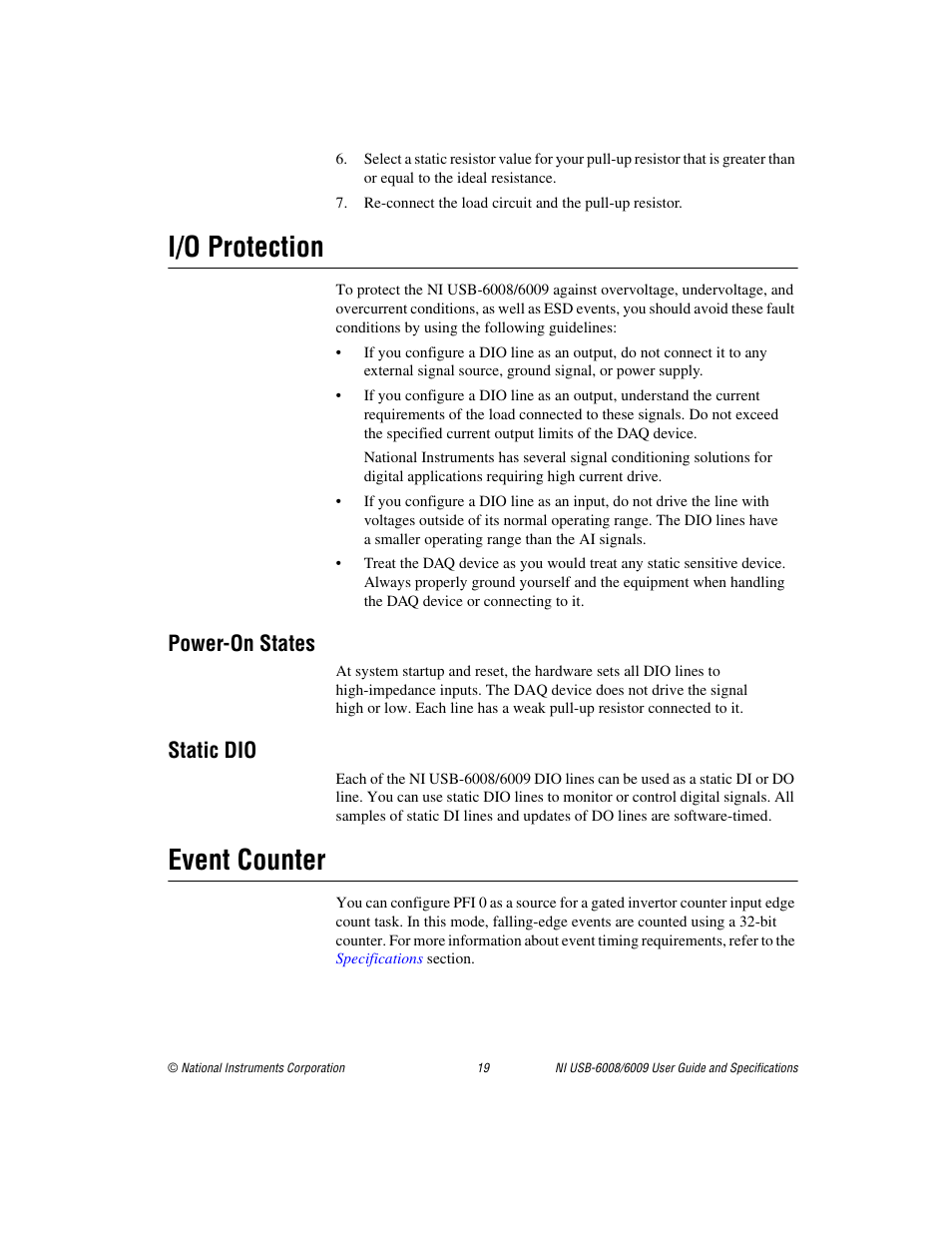 I/o protection, Power-on states, Static dio | Event counter | National Instruments 6008 User Manual | Page 19 / 27