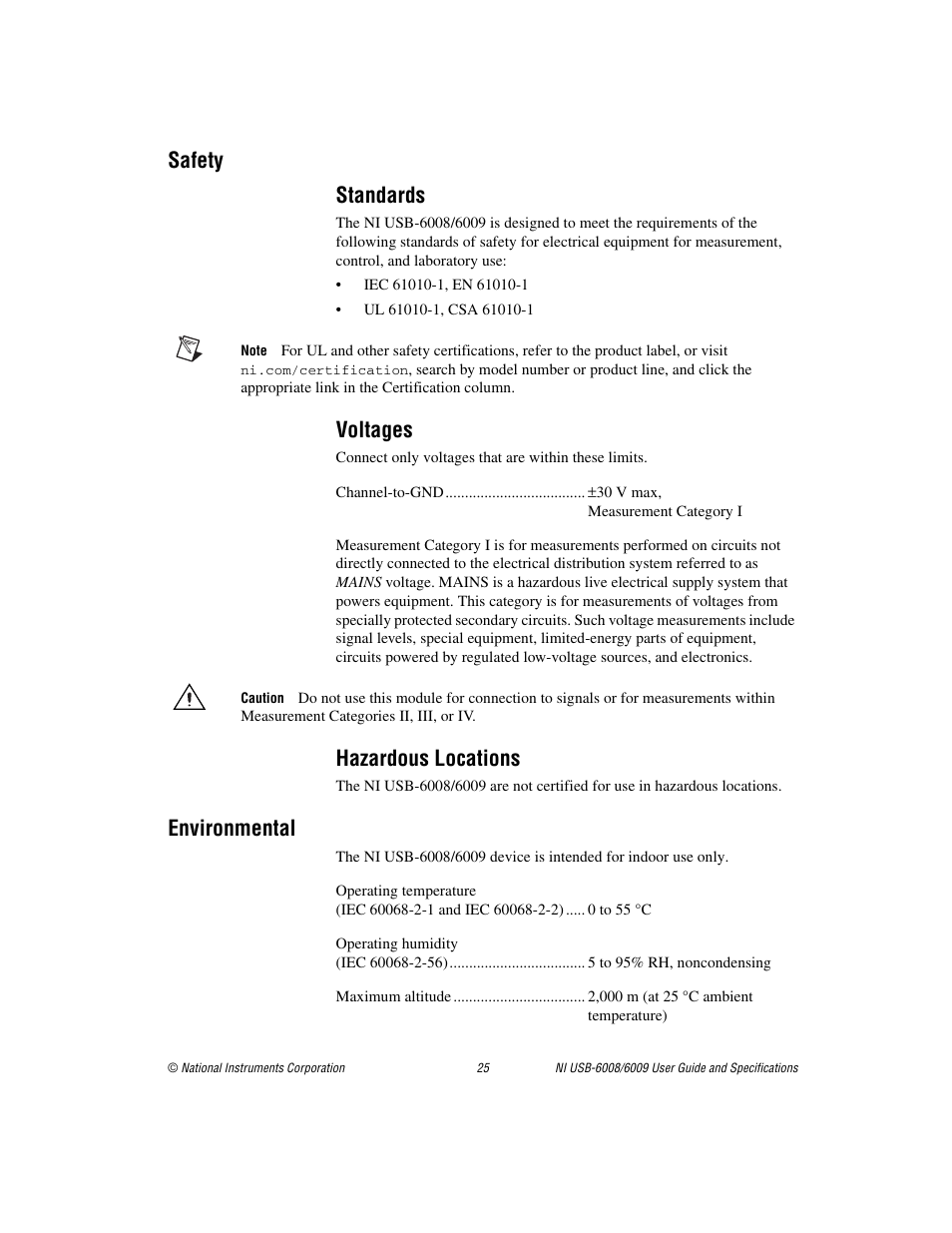 Safety, Standards, Voltages | Hazardous locations, Environmental, Safety standards | National Instruments 6008 User Manual | Page 25 / 27
