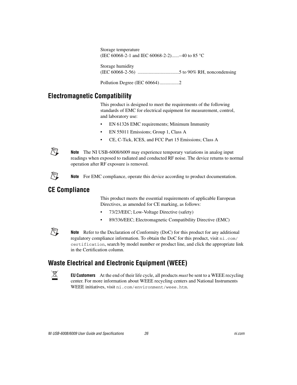 Electromagnetic compatibility, Ce compliance, Waste electrical and electronic equipment (weee) | National Instruments 6008 User Manual | Page 26 / 27