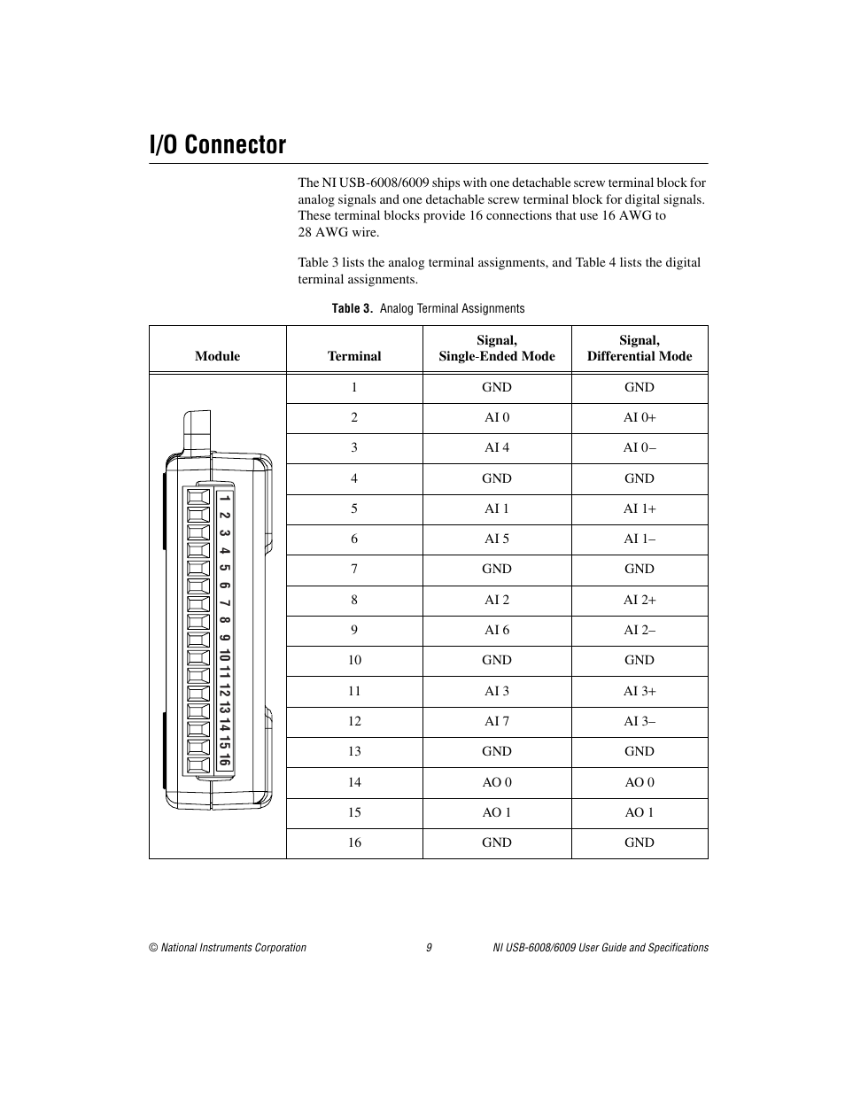 I/o connector, Table 3. analog terminal assignments | National Instruments 6008 User Manual | Page 9 / 27