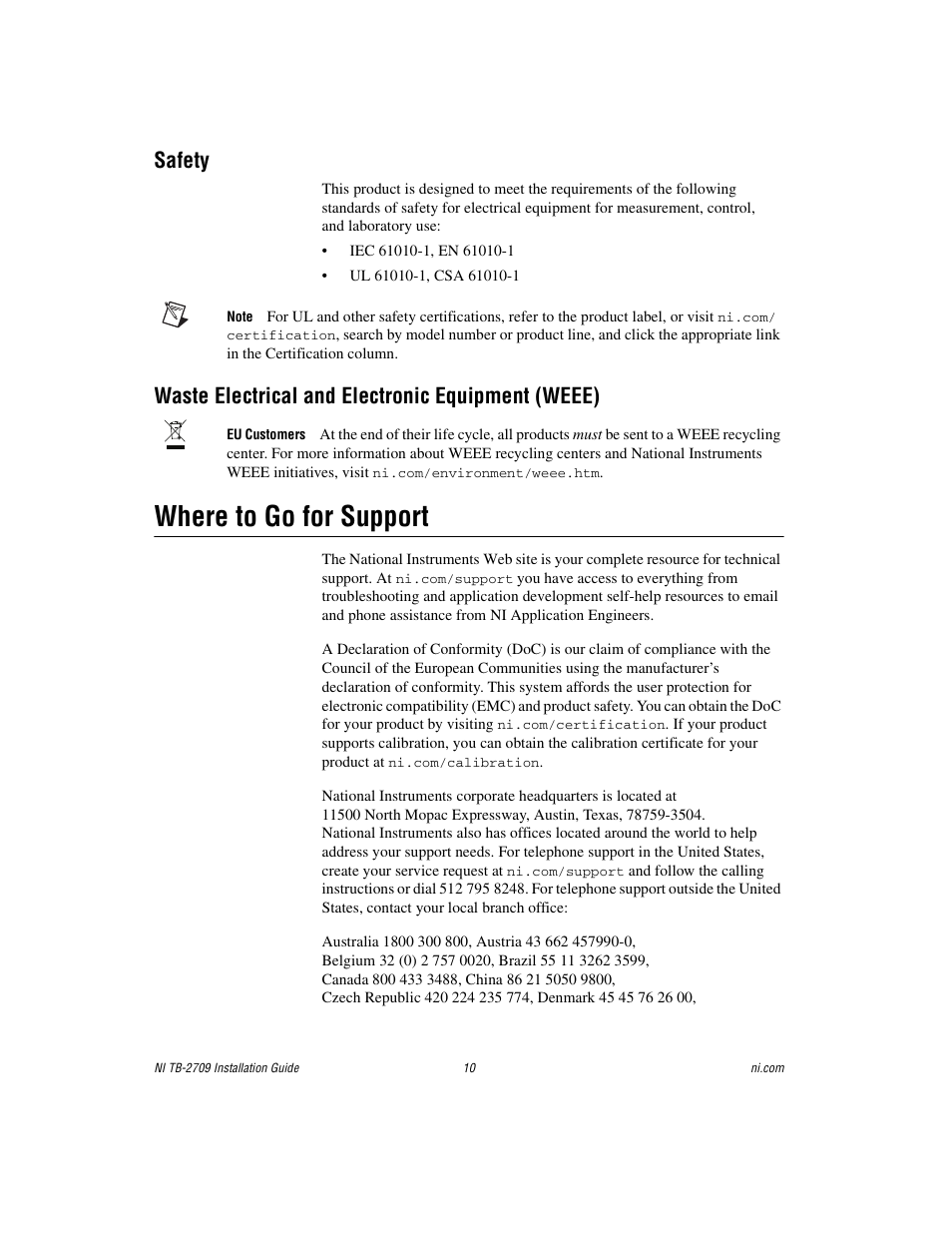 Safety, Waste electrical and electronic equipment (weee), Where to go for support | National Instruments PXI Terminal Block NI TB-2709 User Manual | Page 10 / 12