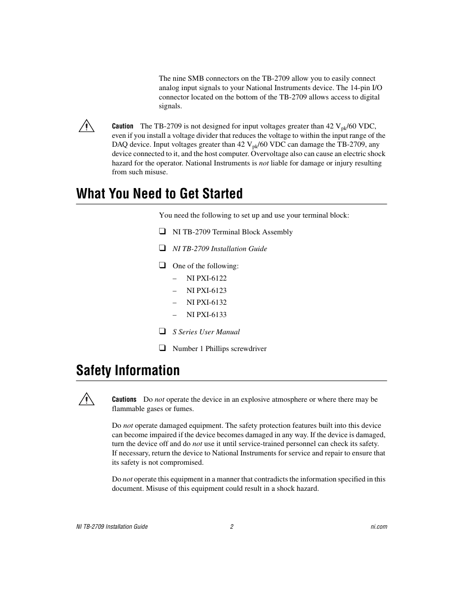What you need to get started, Safety information | National Instruments PXI Terminal Block NI TB-2709 User Manual | Page 2 / 12