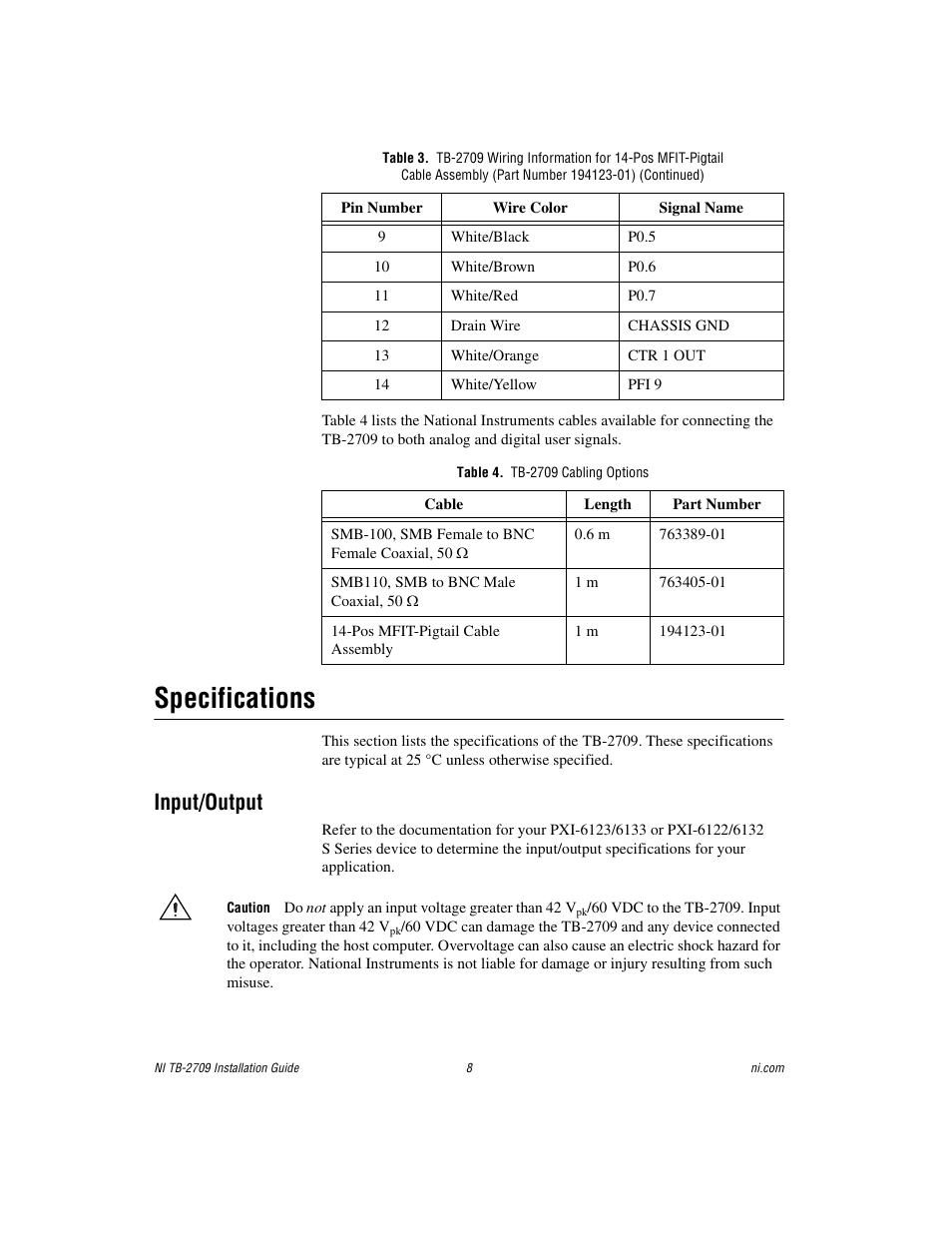Table 4. tb-2709 cabling options, Specifications, Input/output | National Instruments PXI Terminal Block NI TB-2709 User Manual | Page 8 / 12