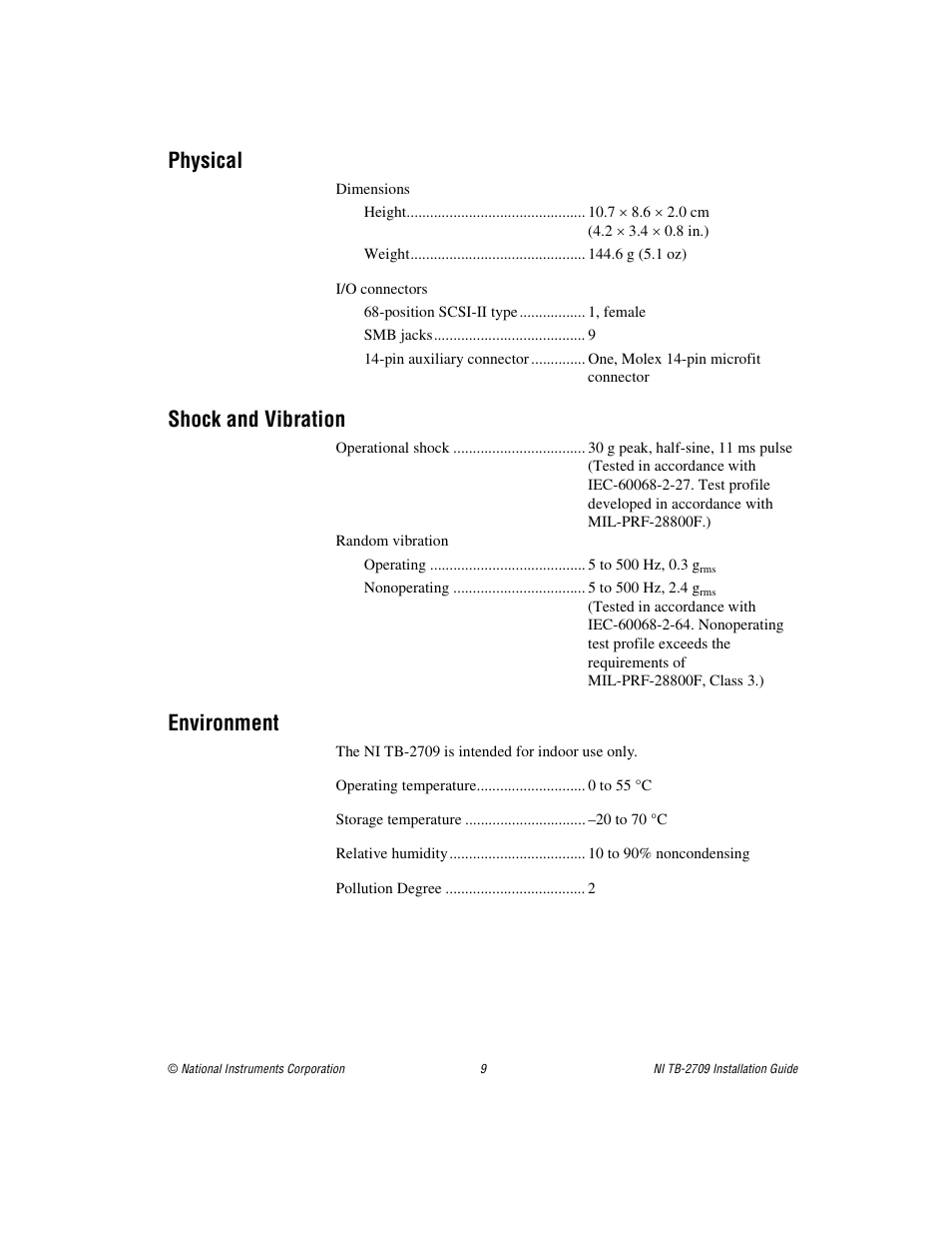 Physical, Shock and vibration, Environment | National Instruments PXI Terminal Block NI TB-2709 User Manual | Page 9 / 12