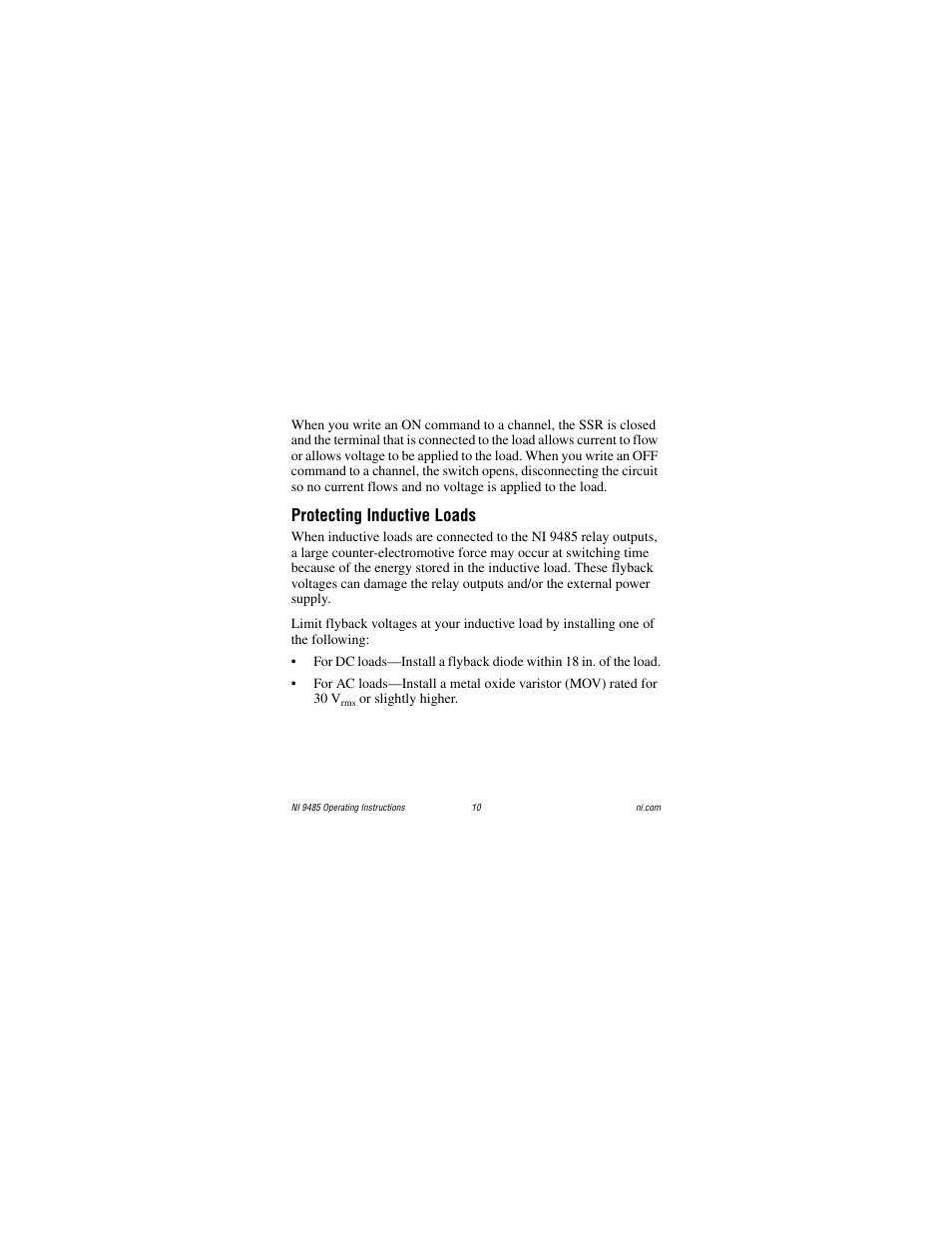 Protecting inductive loads | National Instruments 8-Channel Solid-State Relay (SSR) Digital Output NI 9485 User Manual | Page 10 / 23