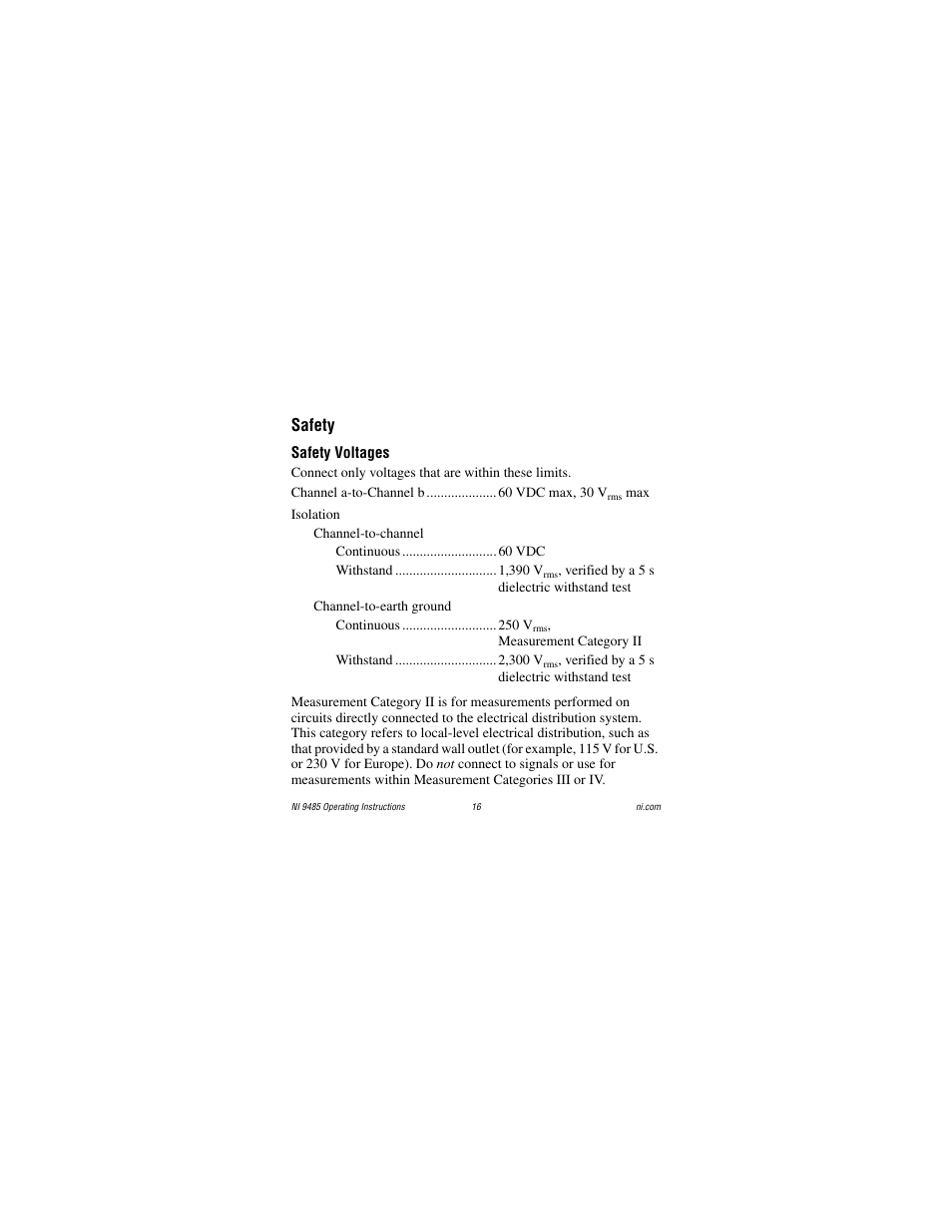 Safety, Safety voltages | National Instruments 8-Channel Solid-State Relay (SSR) Digital Output NI 9485 User Manual | Page 16 / 23