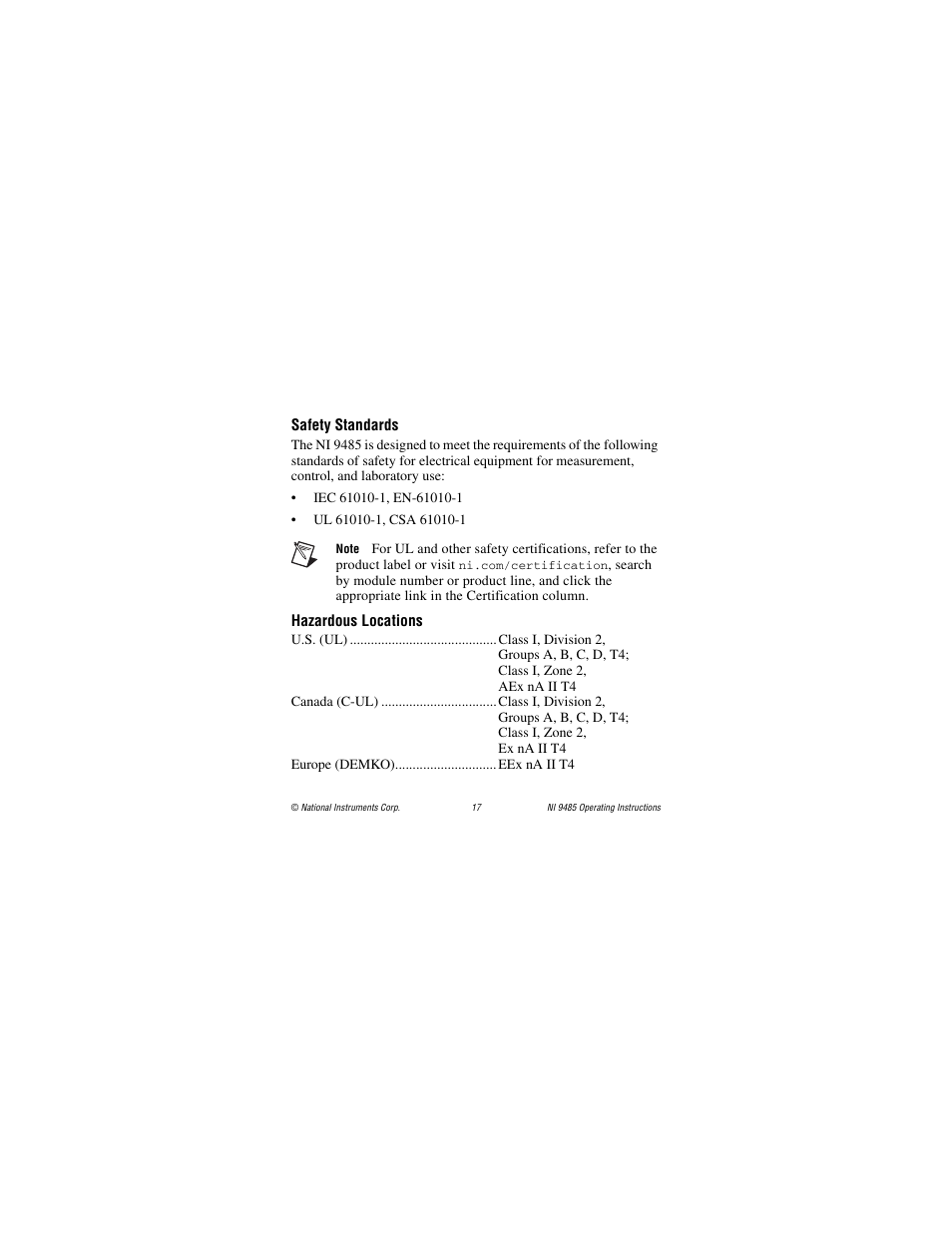 Safety standards, Hazardous locations | National Instruments 8-Channel Solid-State Relay (SSR) Digital Output NI 9485 User Manual | Page 17 / 23