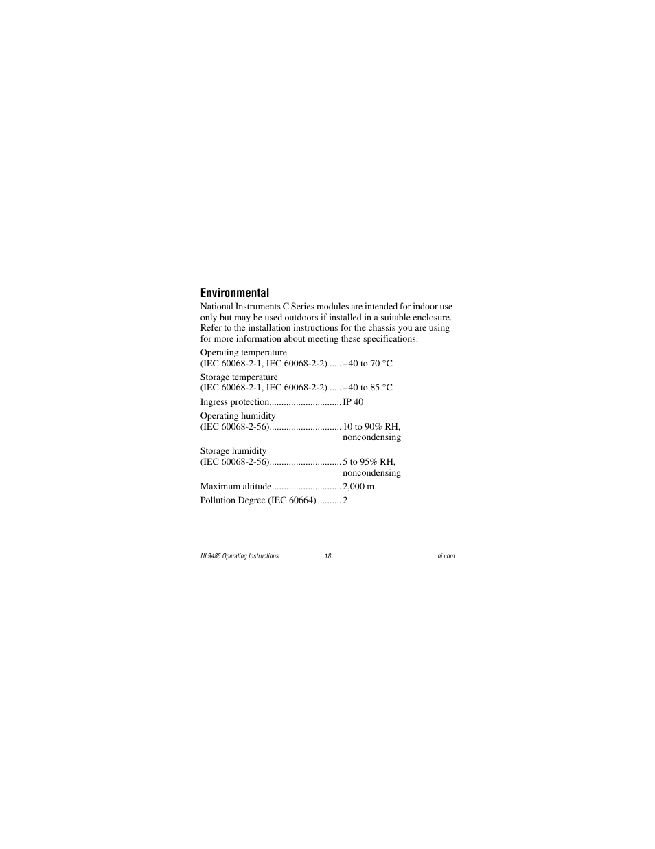 Environmental | National Instruments 8-Channel Solid-State Relay (SSR) Digital Output NI 9485 User Manual | Page 18 / 23