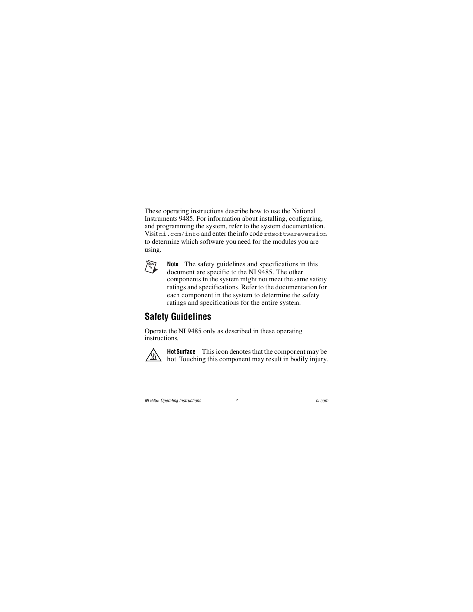 Safety guidelines | National Instruments 8-Channel Solid-State Relay (SSR) Digital Output NI 9485 User Manual | Page 2 / 23