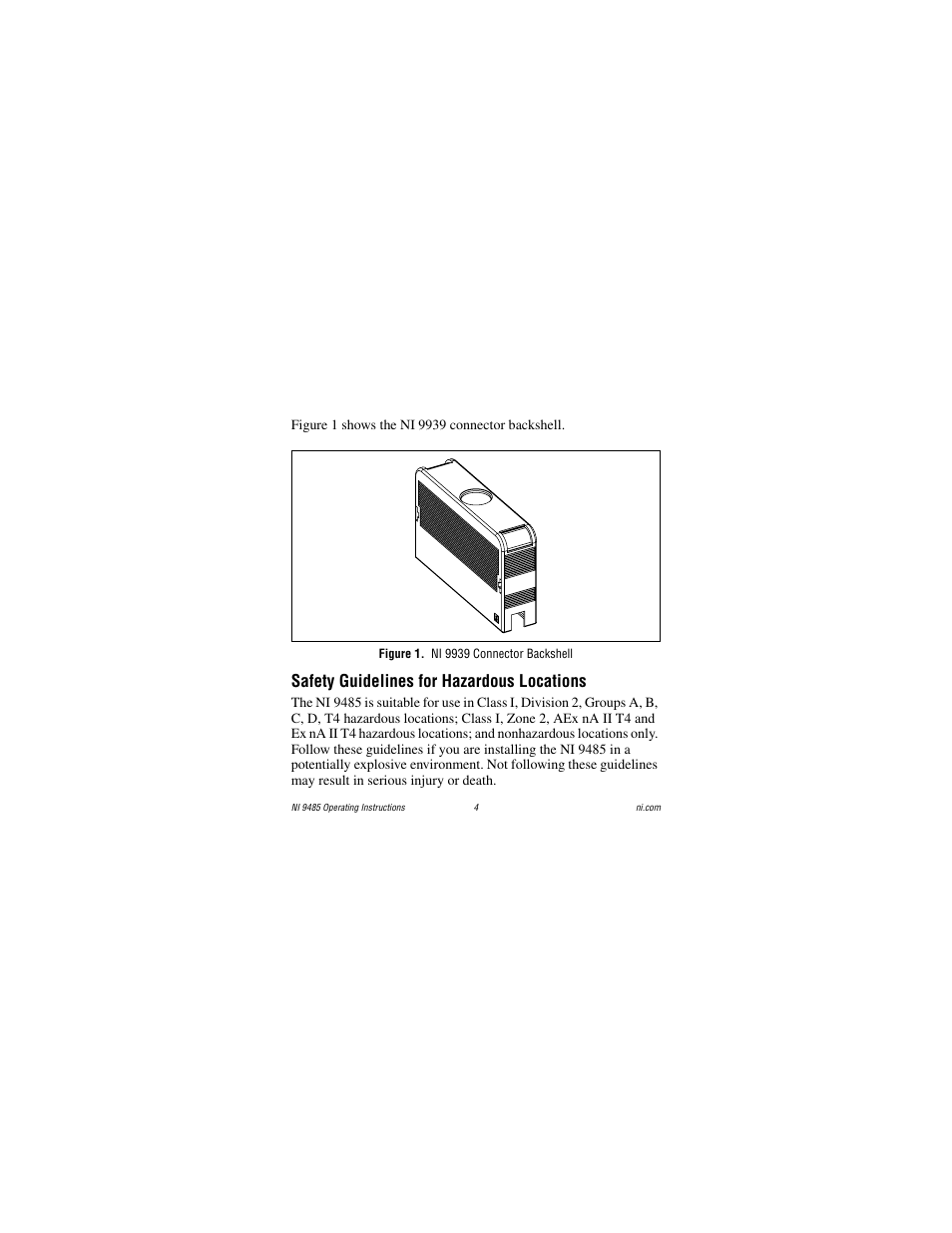 Figure 1. ni 9939 connector backshell, Safety guidelines for hazardous locations | National Instruments 8-Channel Solid-State Relay (SSR) Digital Output NI 9485 User Manual | Page 4 / 23
