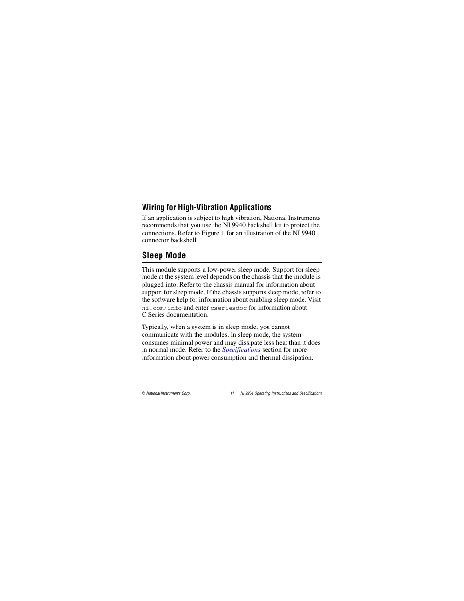 Wiring for high-vibration applications, Sleep mode | National Instruments NI 9264 User Manual | Page 11 / 24