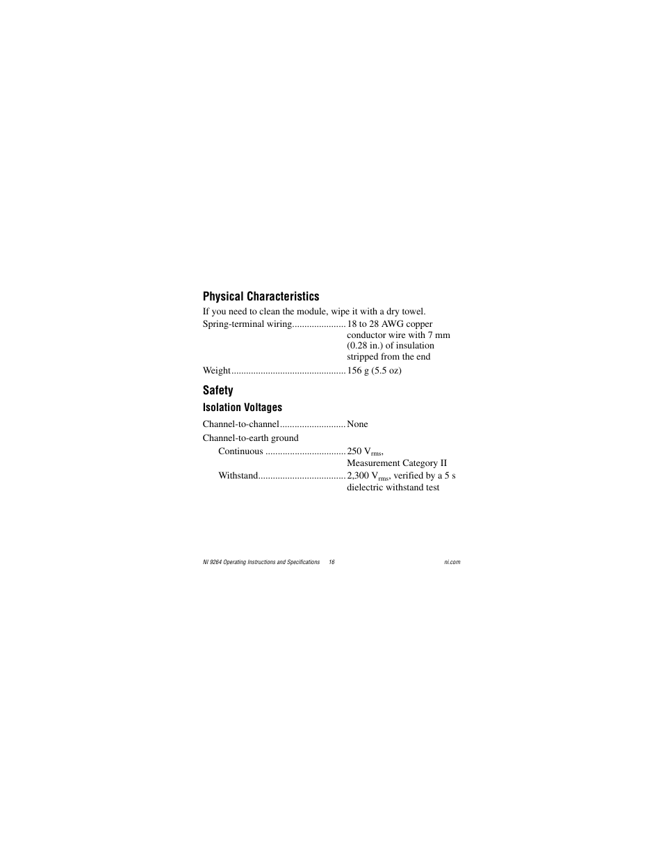 Physical characteristics, Safety, Isolation voltages | National Instruments NI 9264 User Manual | Page 16 / 24