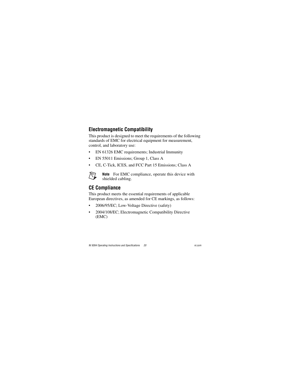 Electromagnetic compatibility, Ce compliance | National Instruments NI 9264 User Manual | Page 20 / 24