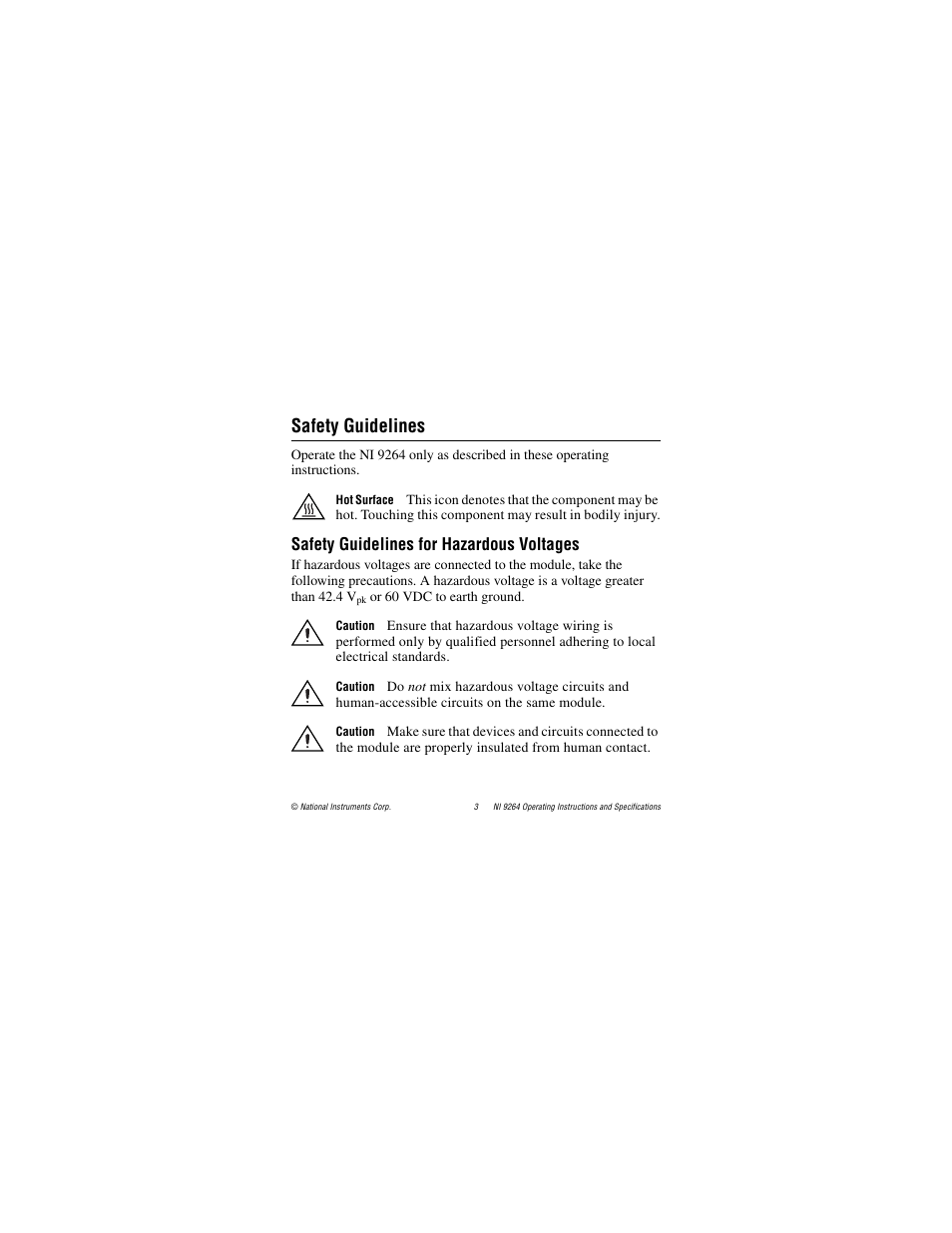 Safety guidelines, Safety guidelines for hazardous voltages | National Instruments NI 9264 User Manual | Page 3 / 24