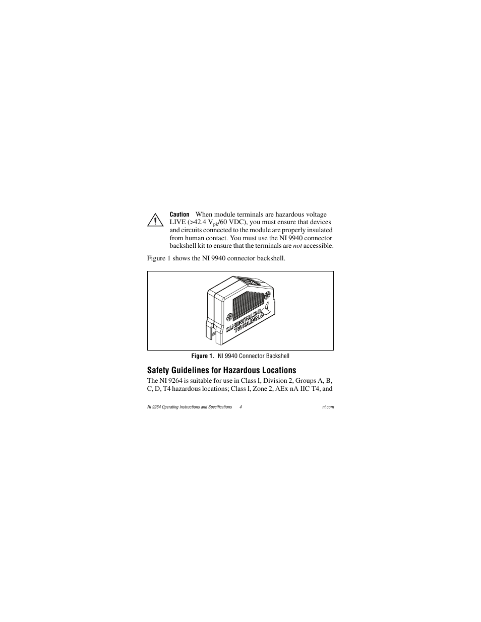 Figure 1. ni 9940 connector backshell, Safety guidelines for hazardous locations | National Instruments NI 9264 User Manual | Page 4 / 24