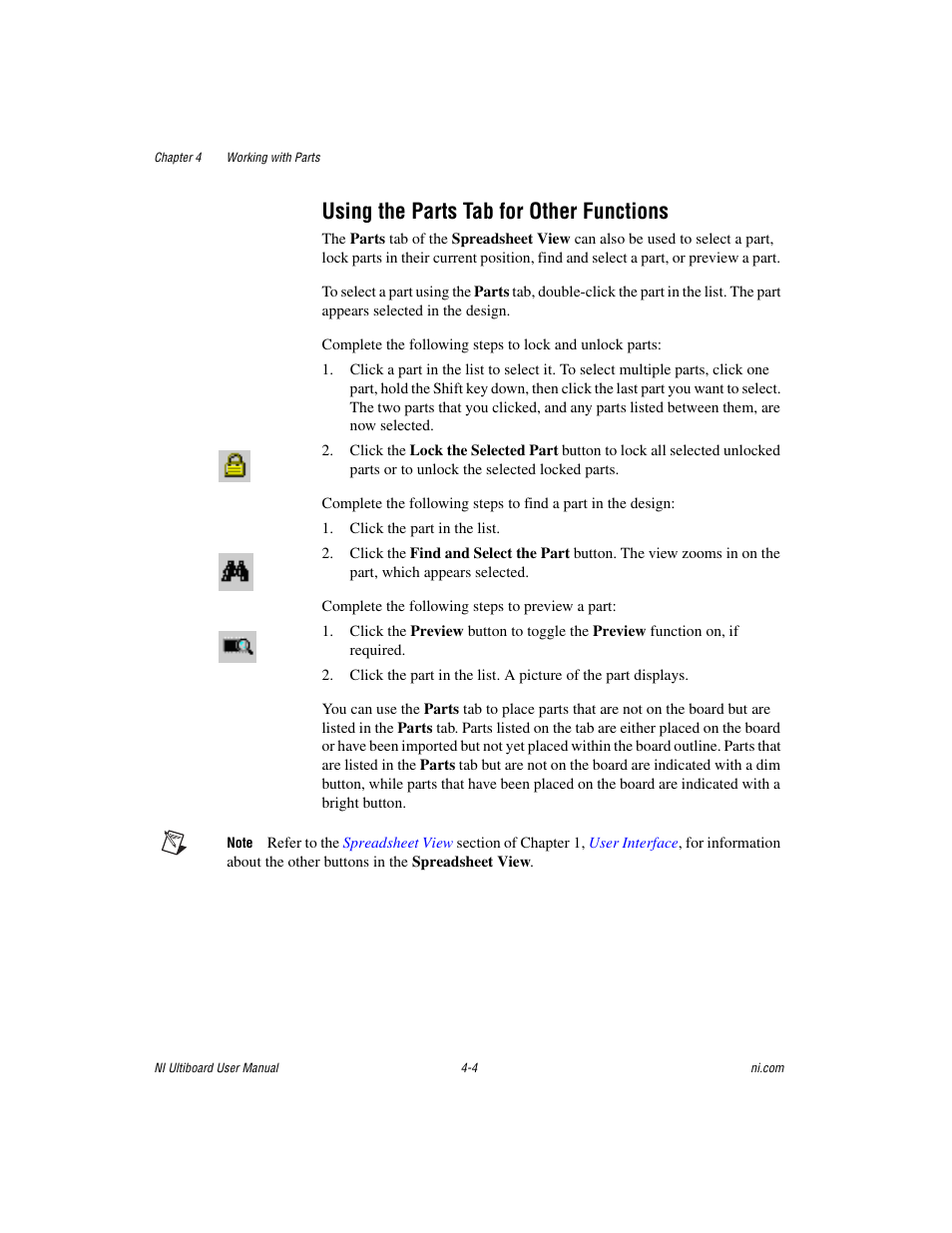 Using the parts tab for other functions, Using the parts tab for other functions -4, Using the parts tab for other | Functions, Secti, Sect, Using the parts, Tab for other functions | National Instruments Graphical User Interface Ultiboard User Manual | Page 100 / 281