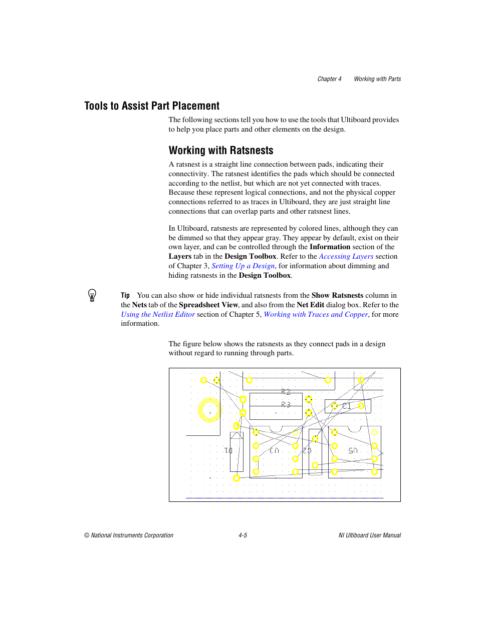 Tools to assist part placement, Working with ratsnests, Tools to assist part placement -5 | Working with ratsnests -5, Sectio | National Instruments Graphical User Interface Ultiboard User Manual | Page 101 / 281