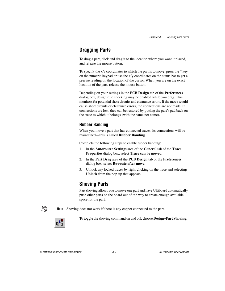 Dragging parts, Shoving parts, Dragging parts -7 shoving parts -7 | National Instruments Graphical User Interface Ultiboard User Manual | Page 103 / 281