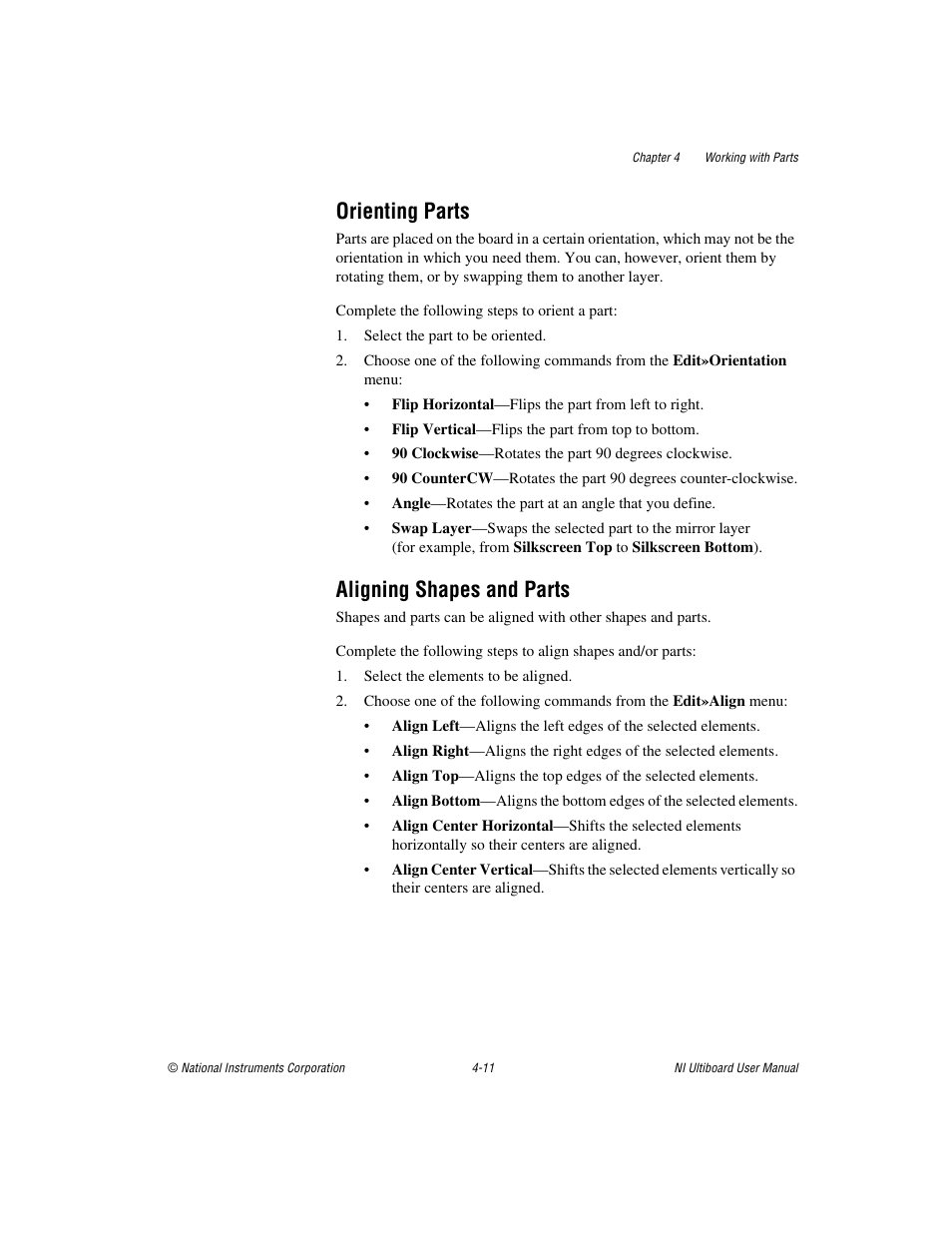 Orienting parts, Aligning shapes and parts, Orienting parts -11 aligning shapes and parts -11 | To the, Refer to the | National Instruments Graphical User Interface Ultiboard User Manual | Page 107 / 281