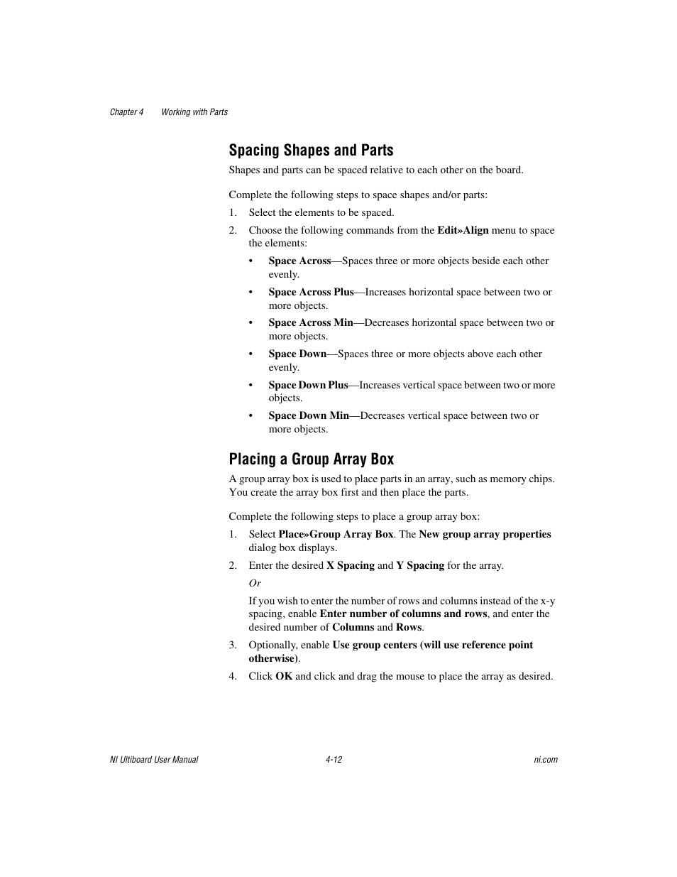 Spacing shapes and parts, Placing a group array box, Spacing shapes and | Parts, Placing a, Group array box, Sect | National Instruments Graphical User Interface Ultiboard User Manual | Page 108 / 281