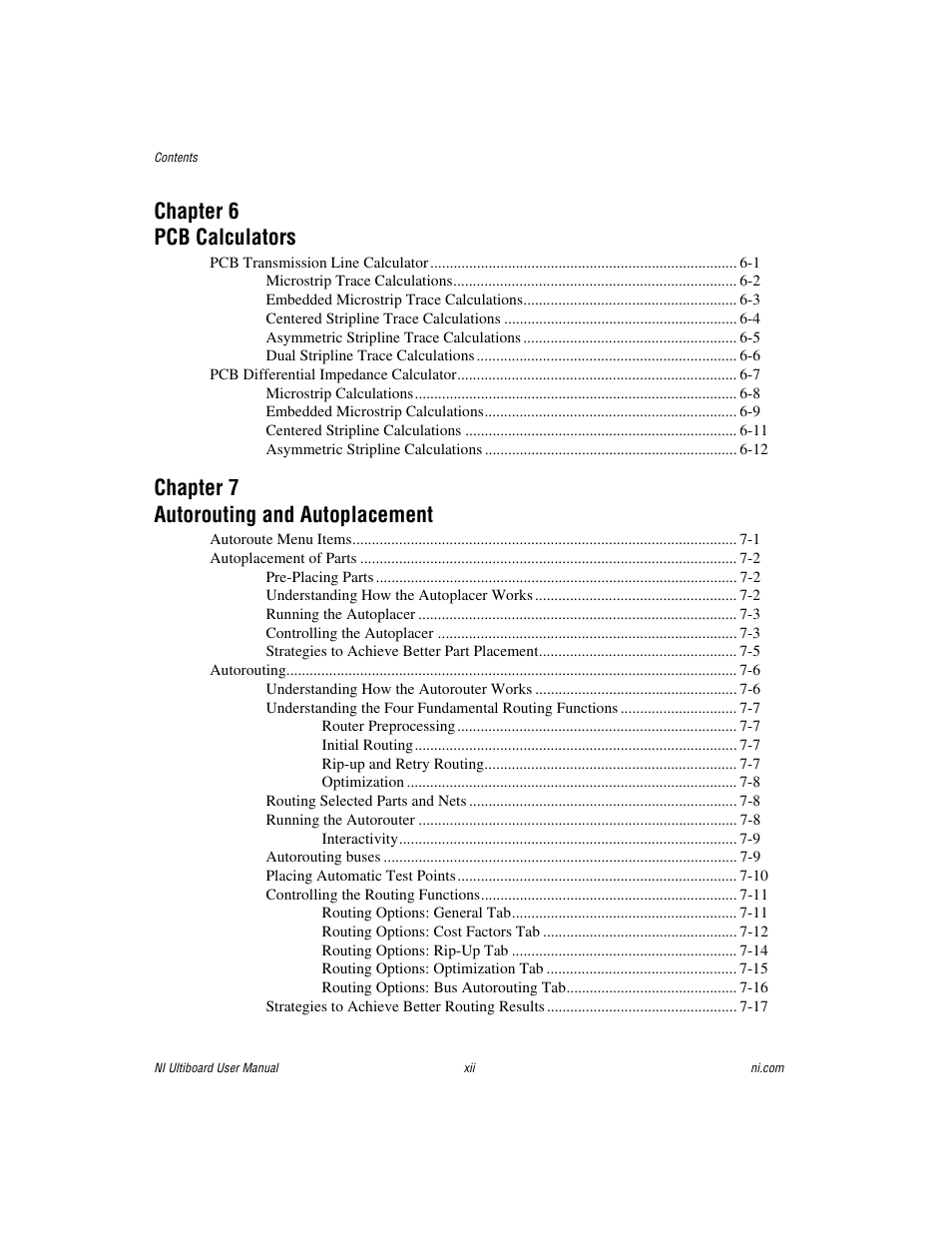 Chapter 6 pcb calculators, Chapter 7 autorouting and autoplacement | National Instruments Graphical User Interface Ultiboard User Manual | Page 11 / 281
