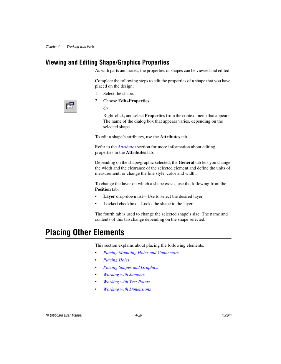 Viewing and editing shape/graphics properties, Placing other elements, Viewing and editing shape/graphics properties -20 | Placing other elements -20 | National Instruments Graphical User Interface Ultiboard User Manual | Page 116 / 281