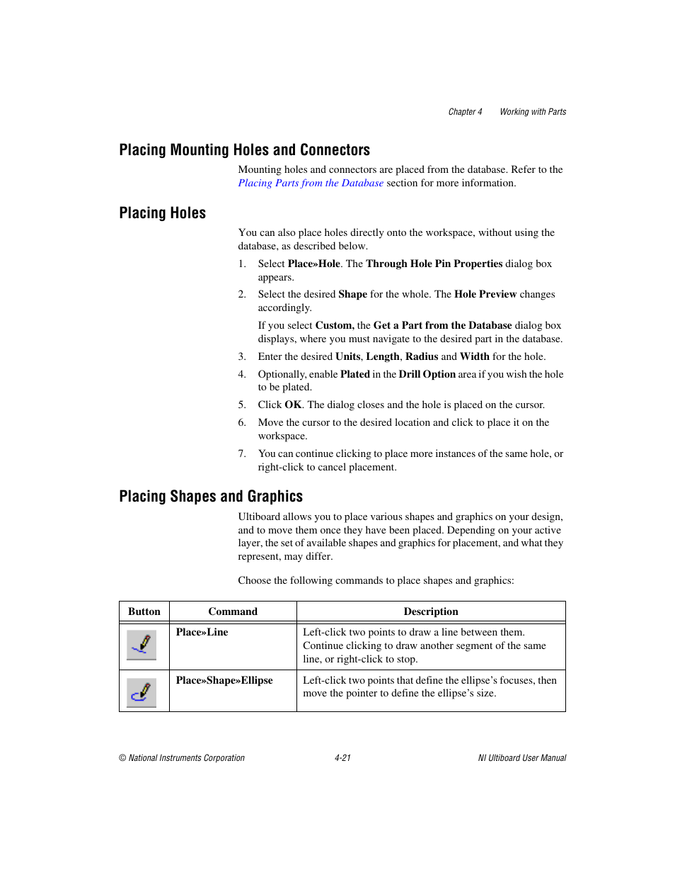 Placing mounting holes and connectors, Placing holes, Placing shapes and graphics | Placing, Shapes and graphics, Sectio, Placing shapes and, Graphics | National Instruments Graphical User Interface Ultiboard User Manual | Page 117 / 281