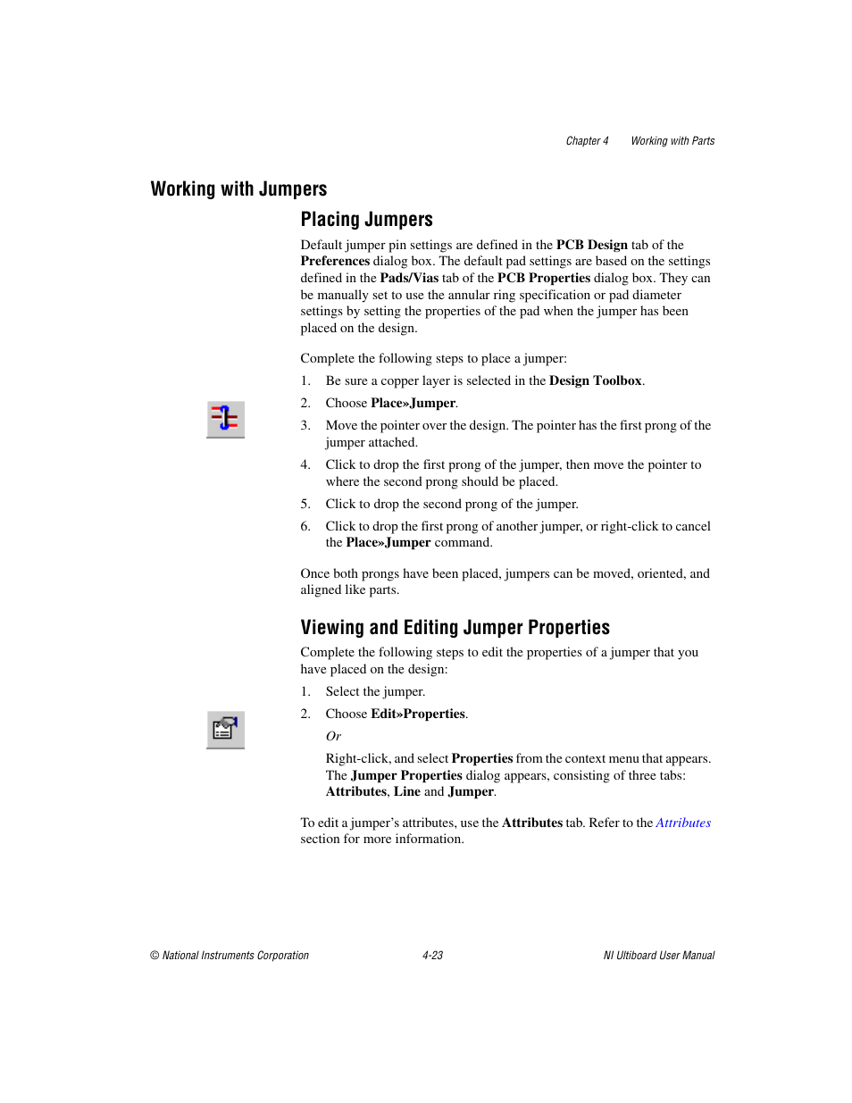 Working with jumpers, Placing jumpers, Viewing and editing jumper properties | Working with jumpers -23, Working with jumpers placing jumpers | National Instruments Graphical User Interface Ultiboard User Manual | Page 119 / 281