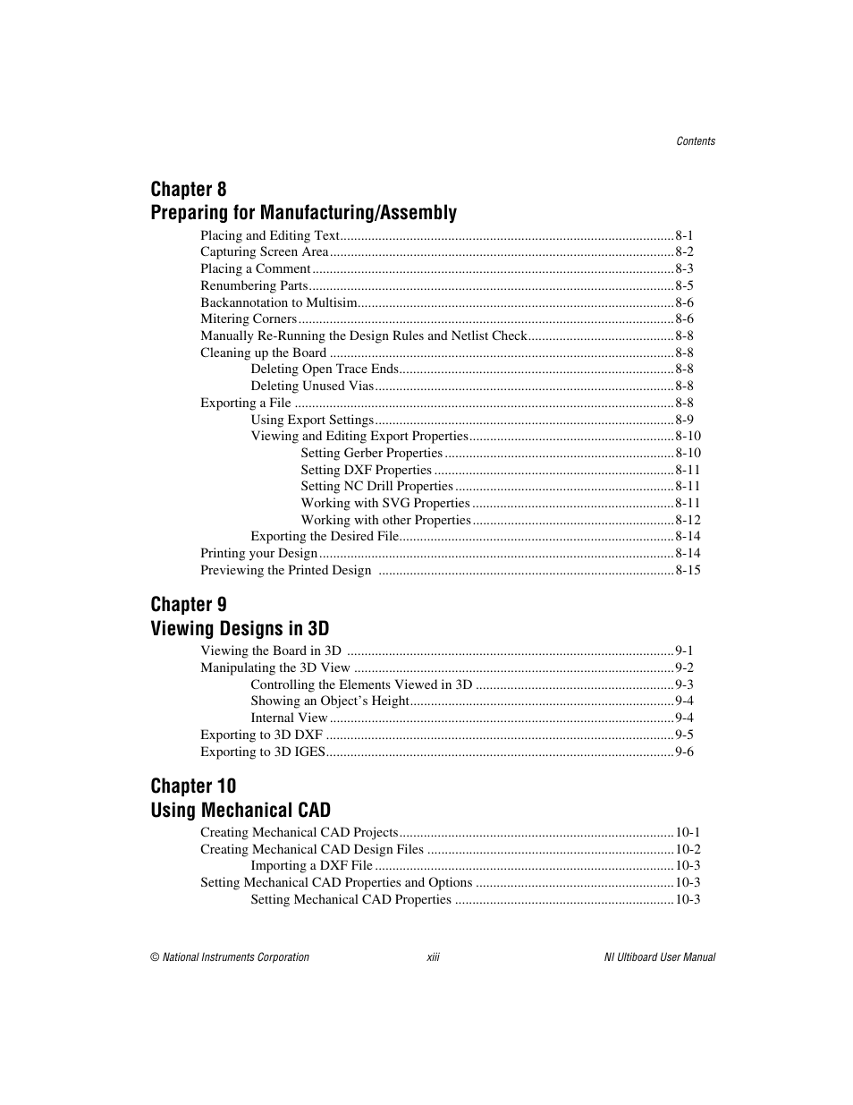 Chapter 8 preparing for manufacturing/assembly, Chapter 9 viewing designs in 3d, Chapter 10 using mechanical cad | National Instruments Graphical User Interface Ultiboard User Manual | Page 12 / 281